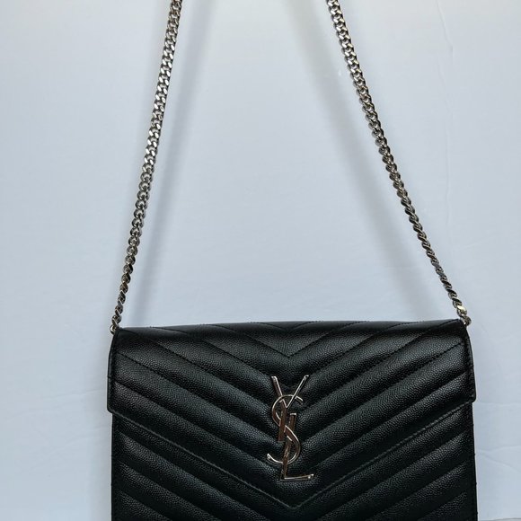 YSL Saint Laurent MONOGRAM CHAIN WALLET | BLACK GRAIN DE POUDRE EMBOSSED LEATHER - Picture 12 of 16